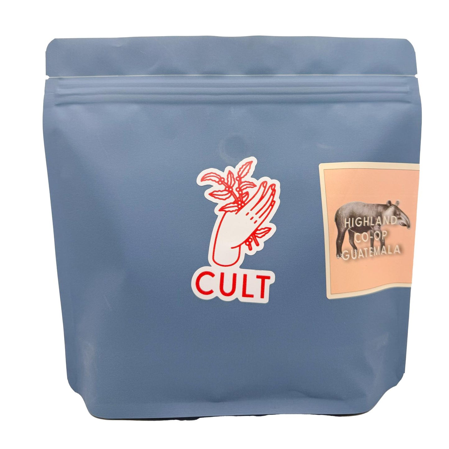Blue coffee bag with 'Cult' logo and 'Highland Co-op Guatemala' label on a white background