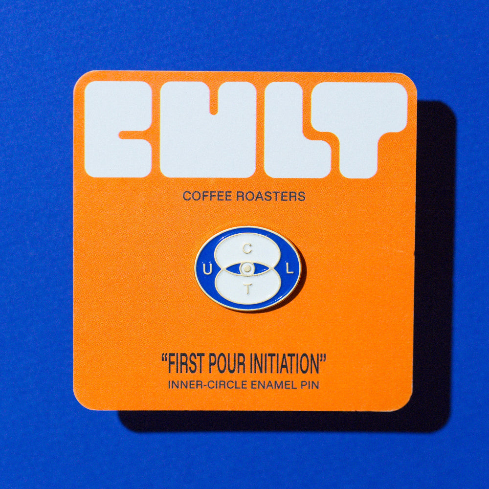 Orange card with 'Cult Coffee Roasters' branding and a blue and white logo on a blue background.