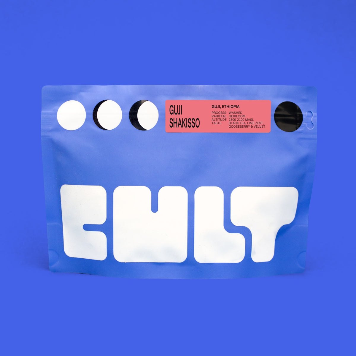 Clear coffee packaging with 'CULT' branding on a blue background