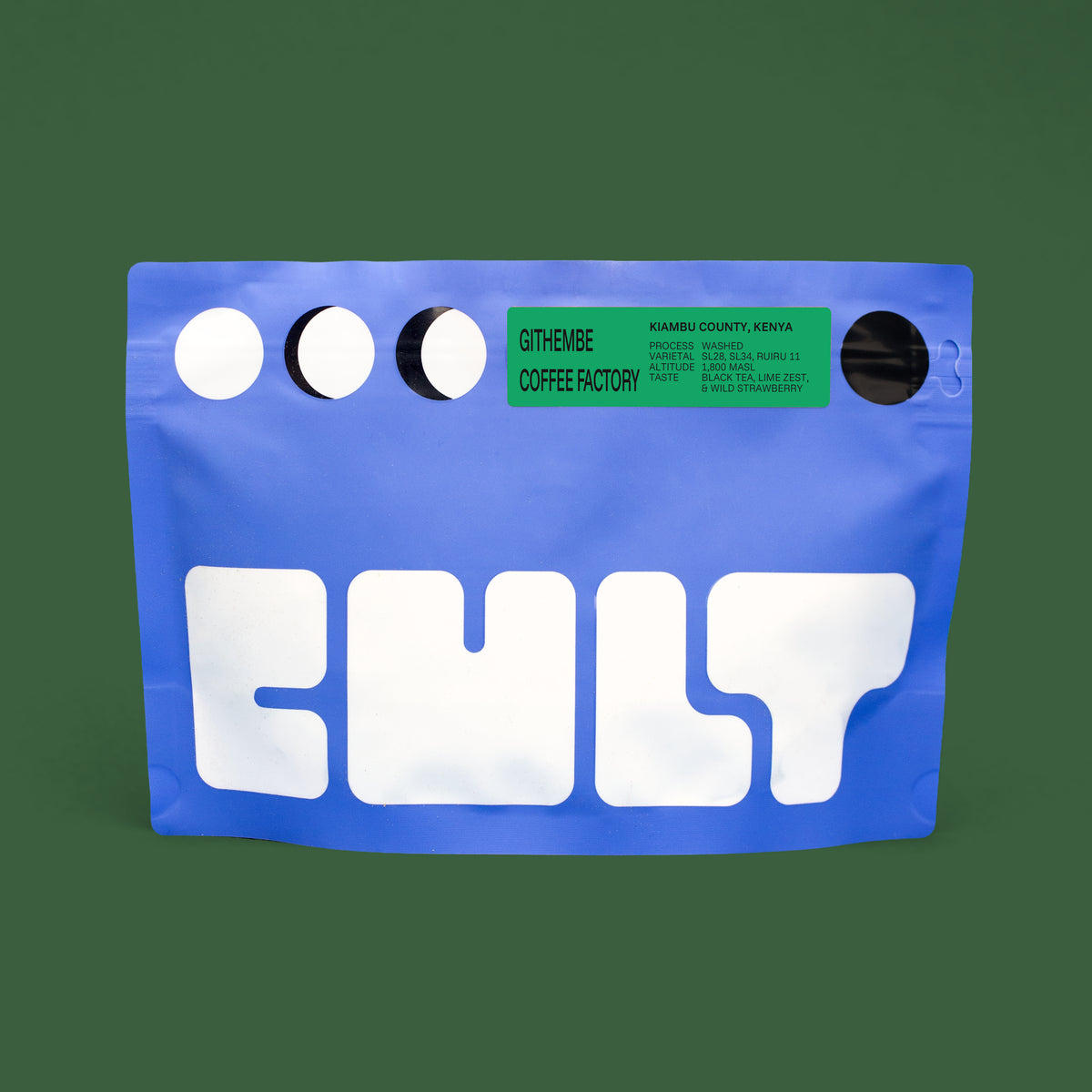 A blue coffee bag with large white 'CULT' lettering and a green label reading 'GITHEMBE COFFEE FACTORY', shown on a dark green background.