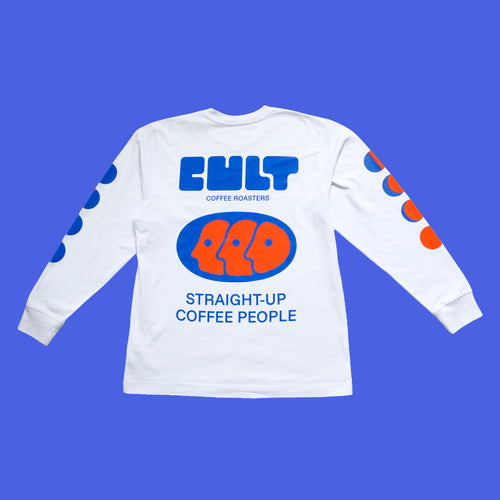 White long sleeve cult t-shirt on blue background, back view. Blue and orange logo covers the back with the phrase 'Straight-Up Coffee People'. 